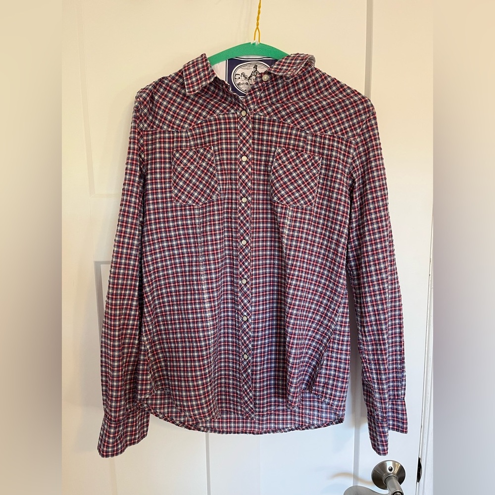 GAP red, blue and white print button down shirt. Women’s size large.